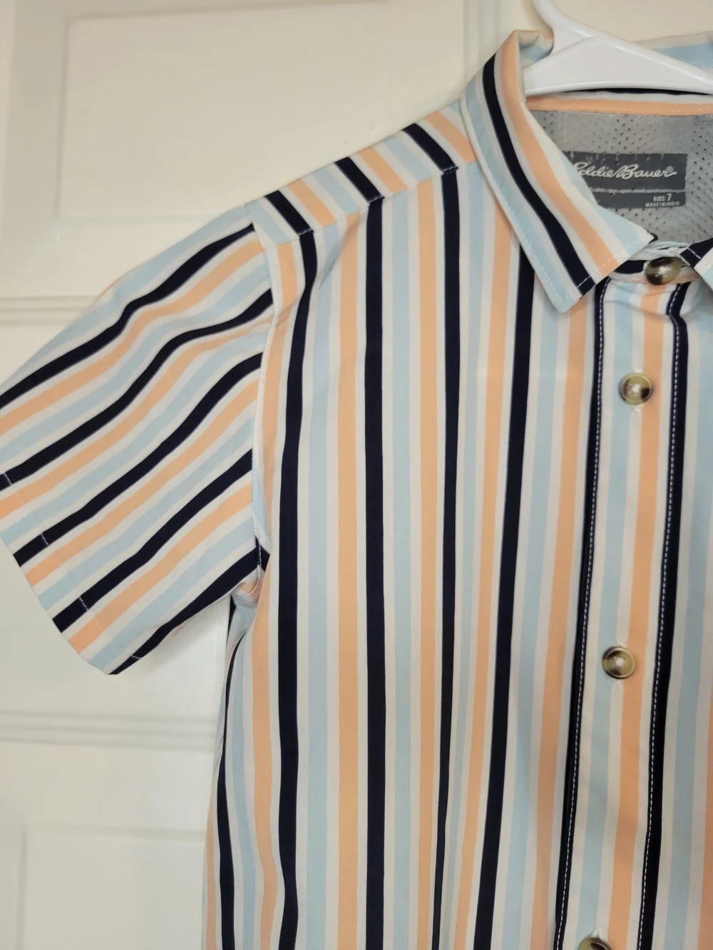 Eddie Bauer Men’s Short Sleeve Stripe Button-Up Shirt - White/Blue/Tan